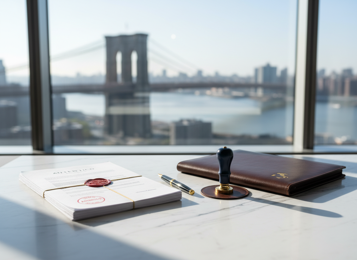 An immaculate white marble desk with fine gray veining, holding an organized stack of Italian legal documents stamped with red “Autentico” seals and a dark blue notary-style stamp resting beside them. A slim fountain pen lies parallel to a closed leather portfolio embossed with a small gold outline of Italy. In the background, slightly out of focus, large windows show a hint of the Brooklyn Bridge and East River. Soft morning daylight illuminates the scene, creating clear, crisp details and gentle shadows. Photographic realism, minimalist and modern composition shot from a slightly elevated angle, conveying precision, trust, and the reliability of remote Italian notarial services from New York.