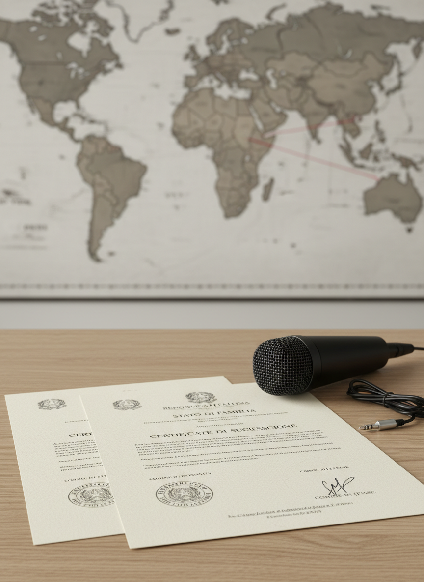 A high-resolution close-up of a crisp Italian “Stato di Famiglia” and “Certificato di Successione” laid out on a light oak surface, each bearing official tricolore stamps and embossed seals. A USB microphone and a small, neatly coiled headset cable rest nearby, hinting at remote consultations. In the softly blurred background, a large, wall-mounted world map has Italy and New York connected by a thin red thread. Gentle, diffused studio-style lighting reveals fine paper textures and embossing without harsh shadows. Photographic realism, clean and modern visual style, shot from a slightly elevated angle, evoking clarity, accessibility, and the ease of handling Italian inheritance and family law procedures from abroad.