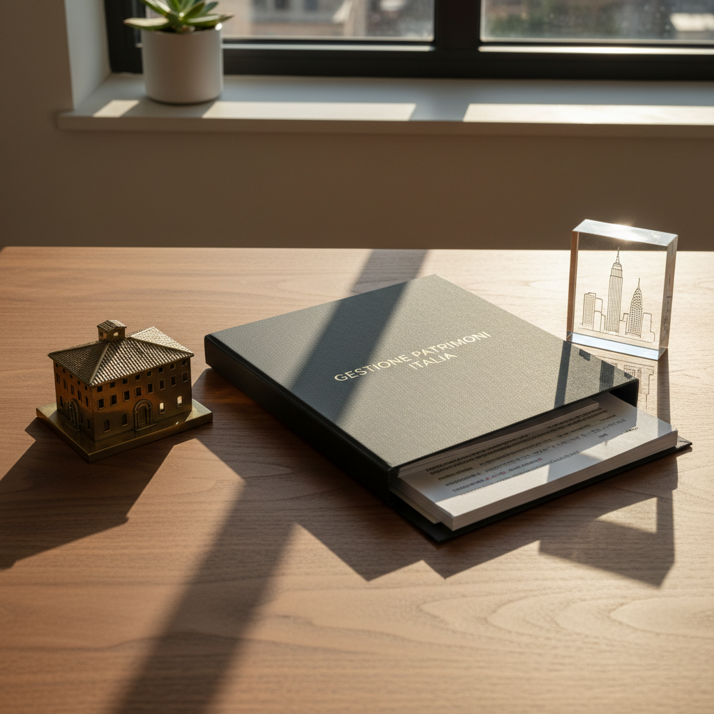 An elegant, matte-charcoal folder embossed with “Gestione Patrimoni Italia” in subtle gold, slightly open to reveal neatly arranged asset reports and property registry excerpts in Italian. A small, detailed brass model of a classic Italian palazzo stands beside a transparent acrylic block etched with a simplified Manhattan skyline, symbolically facing each other. They rest on a refined walnut desk near a window ledge with a single, minimalist succulent plant in a white ceramic pot. Warm, late-afternoon sunlight casts long, soft shadows and delicate highlights on the brass model. Photographic realism, rule-of-thirds composition, calm and orderly atmosphere, emphasizing cross-border wealth management between Italy and New York.