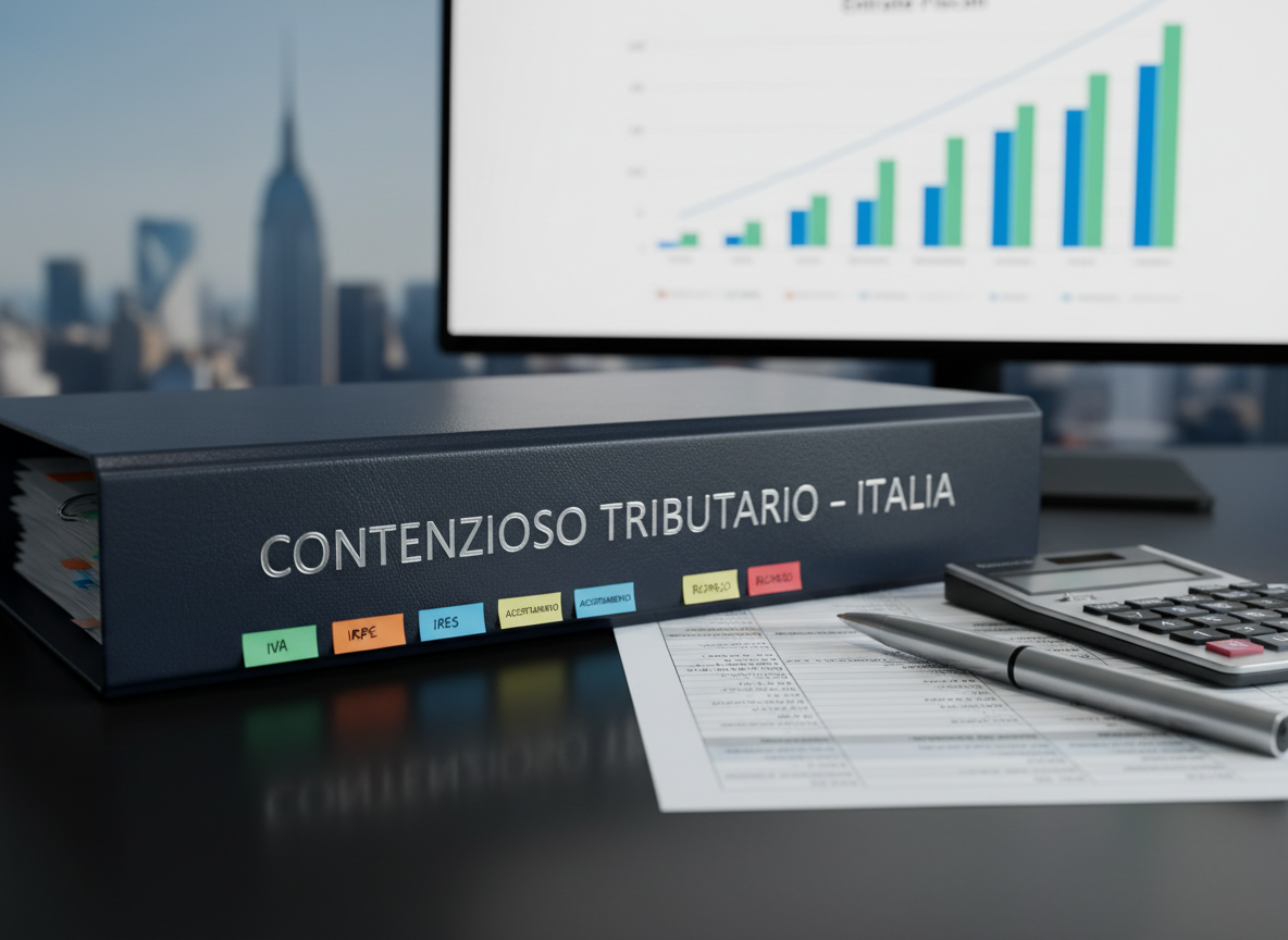 A close-up of a sophisticated dark-navy binder labeled “Contenzioso Tributario – Italia” in understated silver lettering, resting on a smooth matte black desk. Colored adhesive tabs protrude with tiny handwritten Italian tax terms. Next to it, a printed spreadsheet in Italian tax format is aligned with a slim calculator and a metallic pen. In the blurred background, a large monitor displays a bar chart of fiscal data over faint outlines of the New York skyline. Cool, diffused office lighting with subtle reflections on metal surfaces, photographic realism, shot at a low angle with shallow depth of field, creating an atmosphere of focused, high-level Italian tax litigation and advisory work.