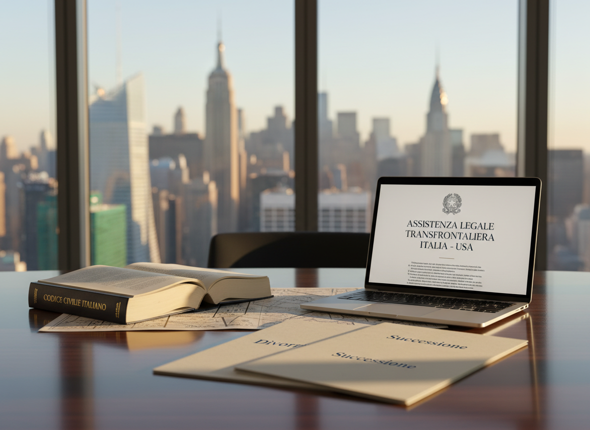 A polished dark-wood conference table neatly arranged with an open Italian civil code volume, a New York City street map, and a sleek silver laptop displaying a document titled in Italian. On the table, two elegant folders labeled “Divorzio” and “Successione” in refined serif lettering lie slightly overlapping. Behind them, a large floor-to-ceiling window reveals a softly blurred Midtown Manhattan skyline. Late afternoon natural light streams in, creating crisp reflections on the glossy table and subtle shadows from the book’s pages. Photographic realism, clean and modern aesthetic, eye-level composition with shallow depth of field, emphasizing cross-border Italian legal assistance in a calm, highly professional atmosphere.