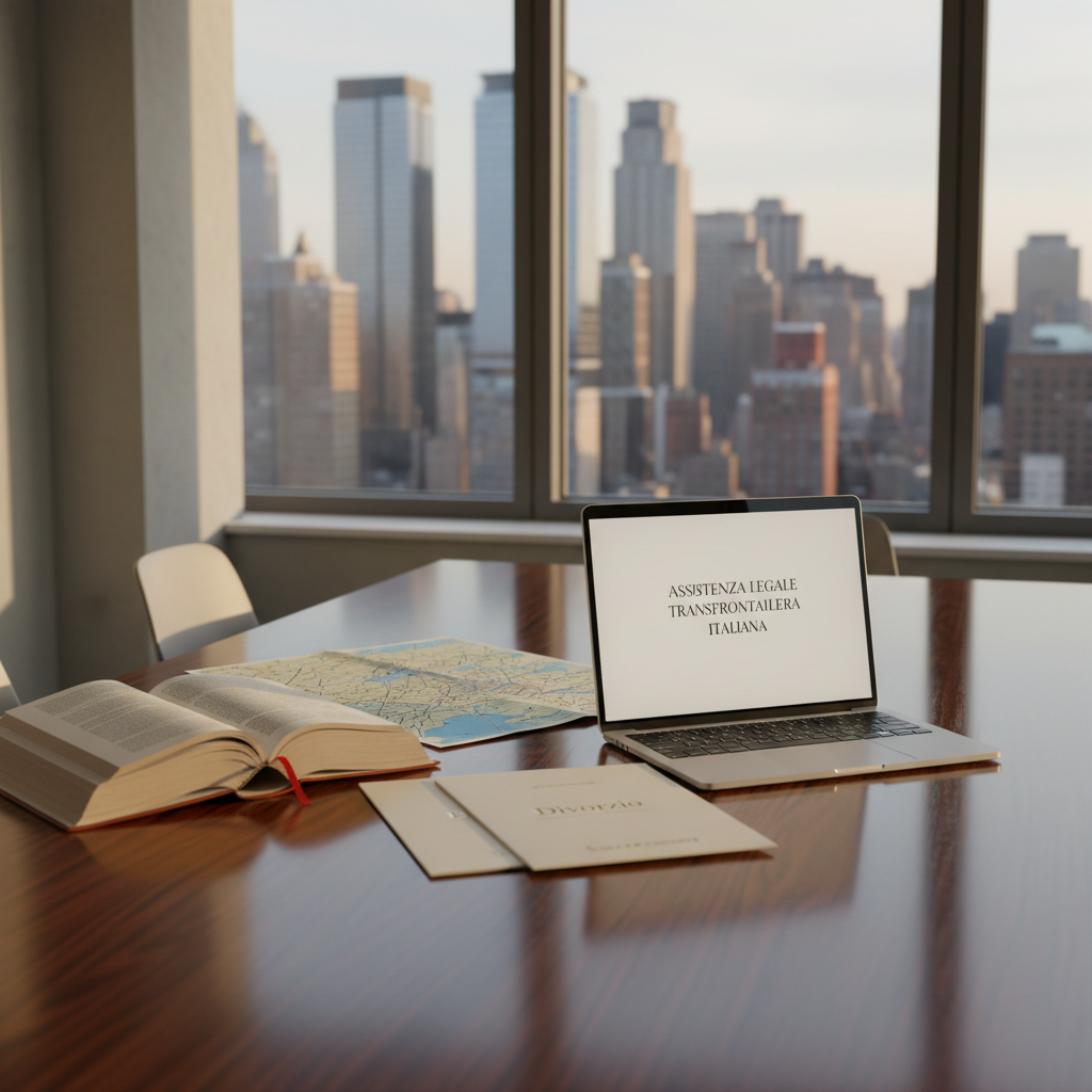 A polished dark-wood conference table neatly arranged with an open Italian civil code volume, a New York City street map, and a sleek silver laptop displaying a document titled in Italian. On the table, two elegant folders labeled “Divorzio” and “Successione” in refined serif lettering lie slightly overlapping. Behind them, a large floor-to-ceiling window reveals a softly blurred Midtown Manhattan skyline. Late afternoon natural light streams in, creating crisp reflections on the glossy table and subtle shadows from the book’s pages. Photographic realism, clean and modern aesthetic, eye-level composition with shallow depth of field, emphasizing cross-border Italian legal assistance in a calm, highly professional atmosphere.