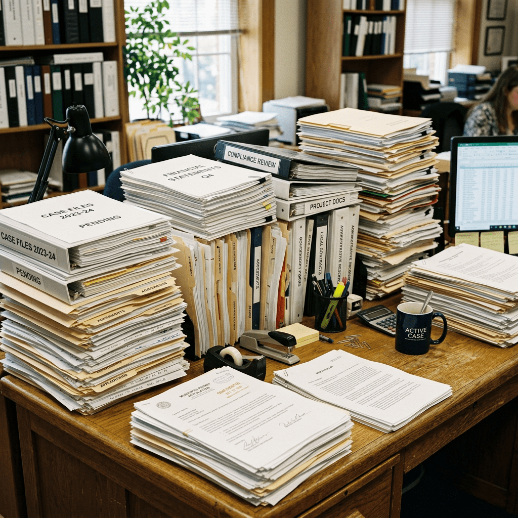 Stacks of paperwork and official documents on desk