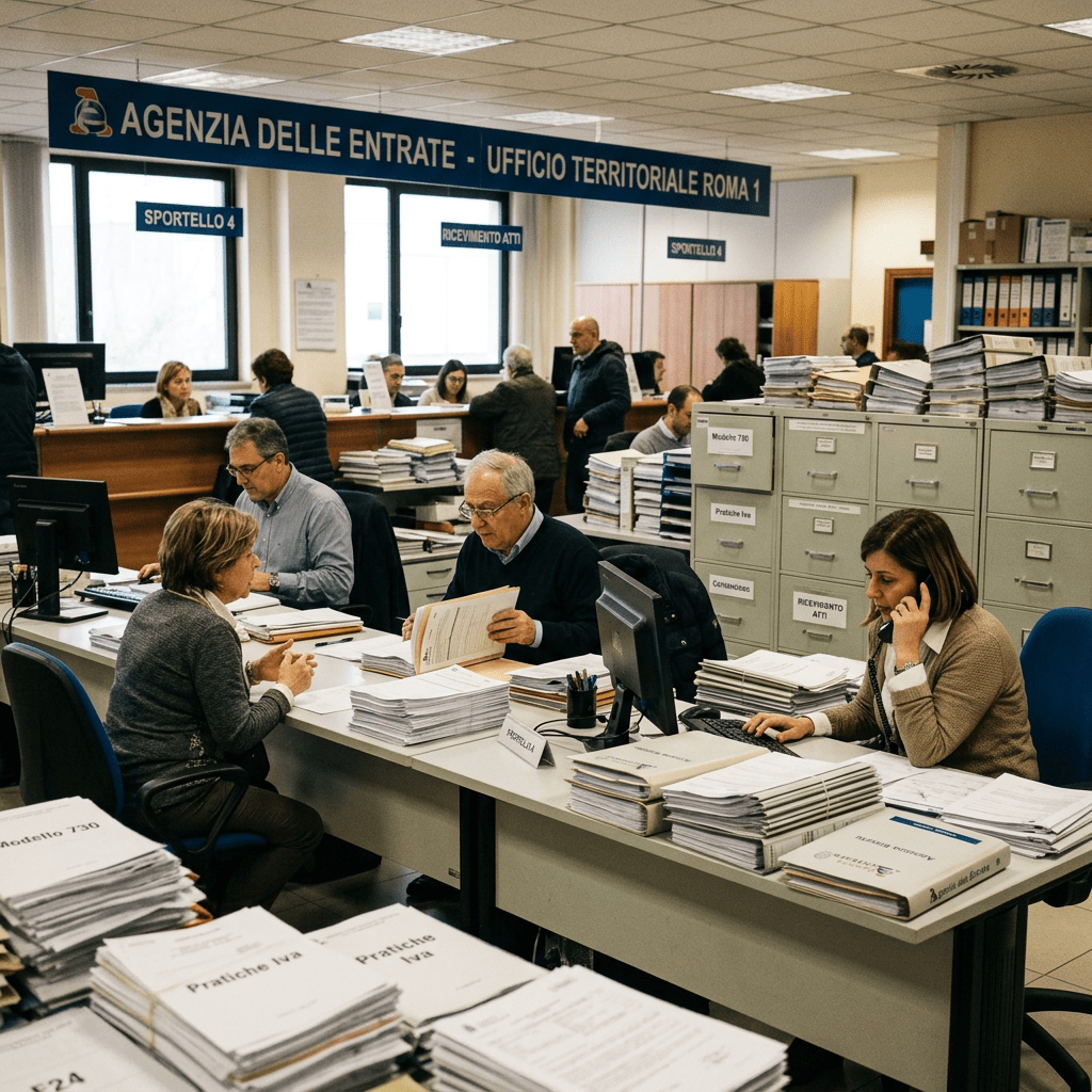 Italian tax office with documents and officials
